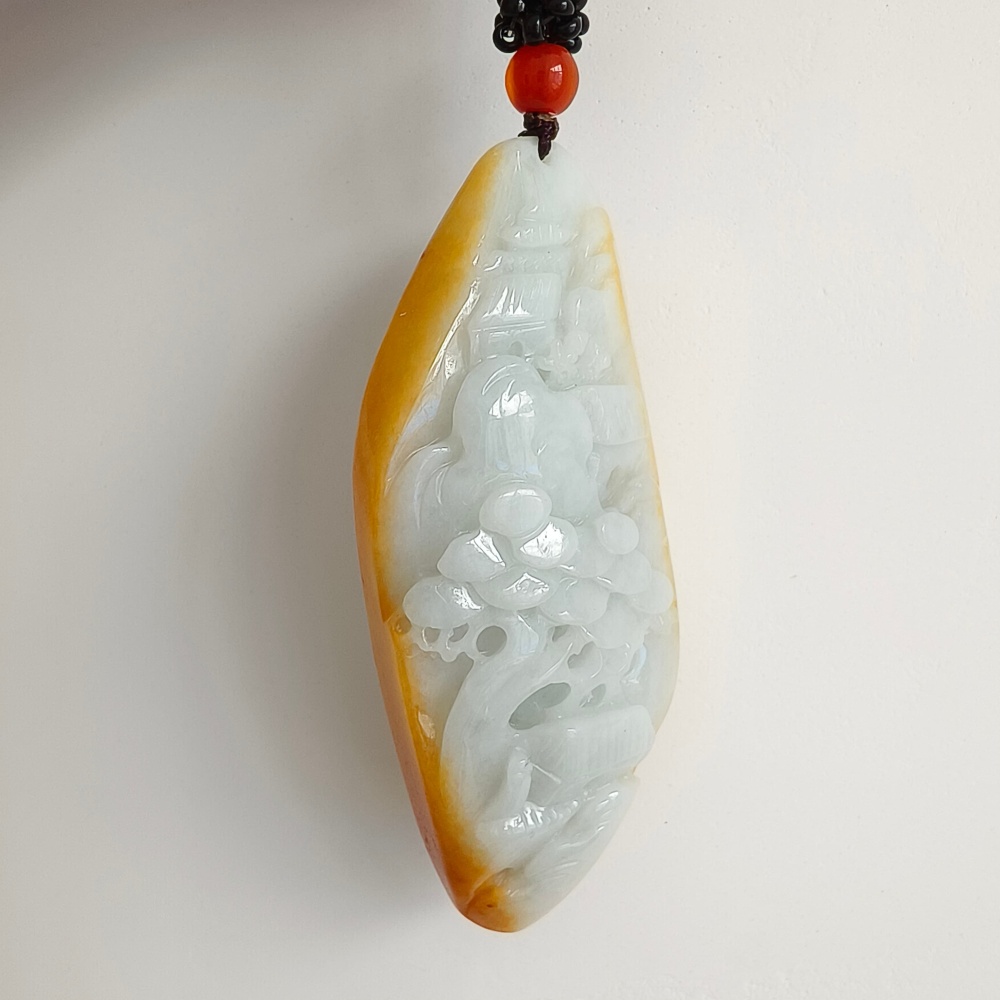 DDP | 69.4X33X14mm Natural Certificated Hand Carved Yellow Color Heated Burmese Jadeite Diamond Pendant With Landscape Carved,DIY Jewelry Supplies
