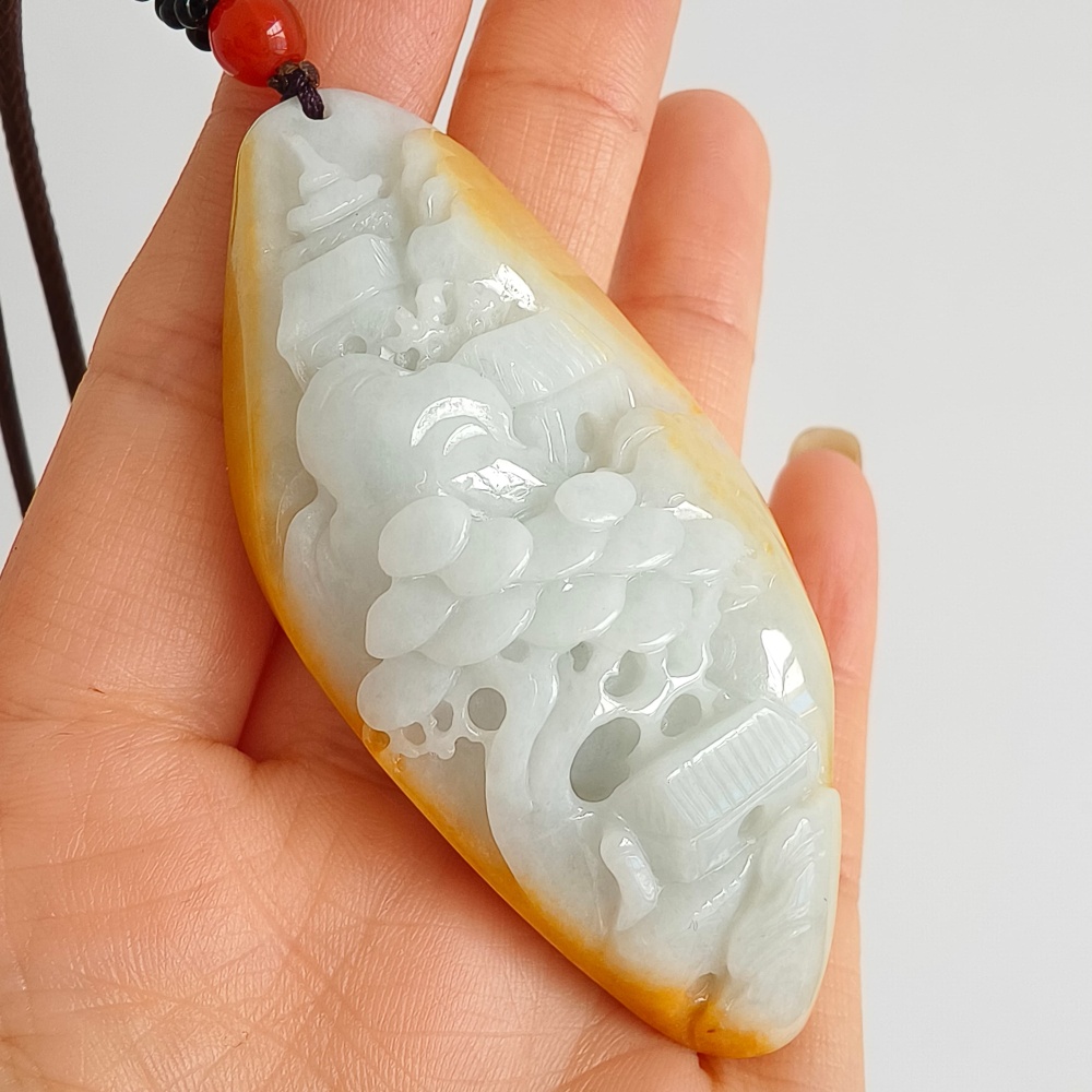 DDP | 69.4X33X14mm Natural Certificated Hand Carved Yellow Color Heated Burmese Jadeite Diamond Pendant With Landscape Carved,DIY Jewelry Supplies