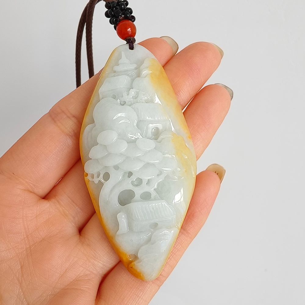 DDP | 69.4X33X14mm Natural Certificated Hand Carved Yellow Color Heated Burmese Jadeite Diamond Pendant With Landscape Carved,DIY Jewelry Supplies