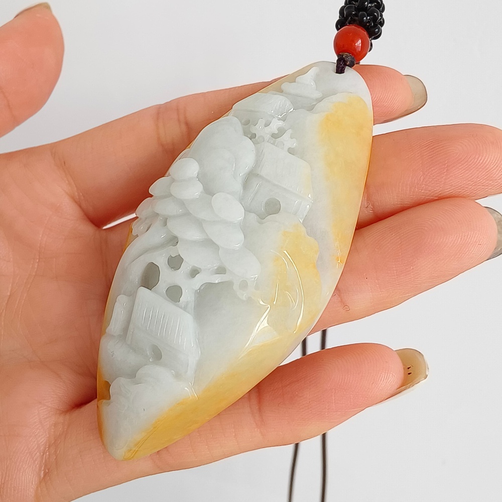 DDP | 69.4X33X14mm Natural Certificated Hand Carved Yellow Color Heated Burmese Jadeite Diamond Pendant With Landscape Carved,DIY Jewelry Supplies