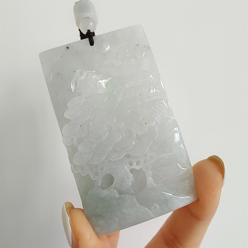 DDP | 65.8X39.2X7.7mm Natural Certificated Type A Icy Light Green White Burmese Jadeite Rectangle Pendant With Landscape Carved,DIY Jewelry Supplies