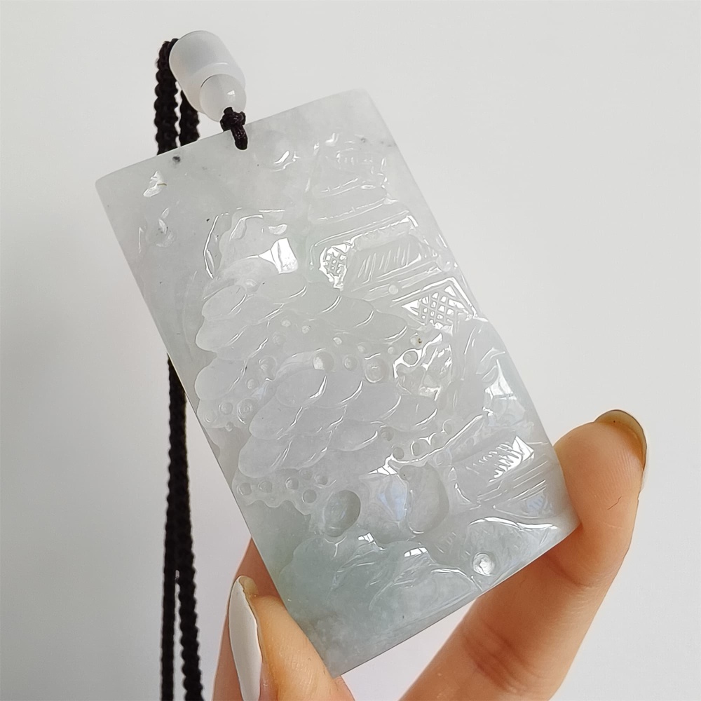 DDP | 65.8X39.2X7.7mm Natural Certificated Type A Icy Light Green White Burmese Jadeite Rectangle Pendant With Landscape Carved,DIY Jewelry Supplies