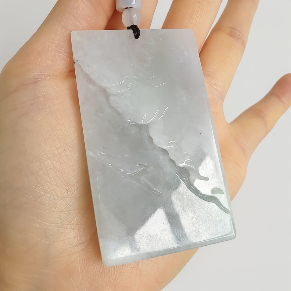 DDP | 65.8X39.2X7.7mm Natural Certificated Type A Icy Light Green White Burmese Jadeite Rectangle Pendant With Landscape Carved,DIY Jewelry Supplies