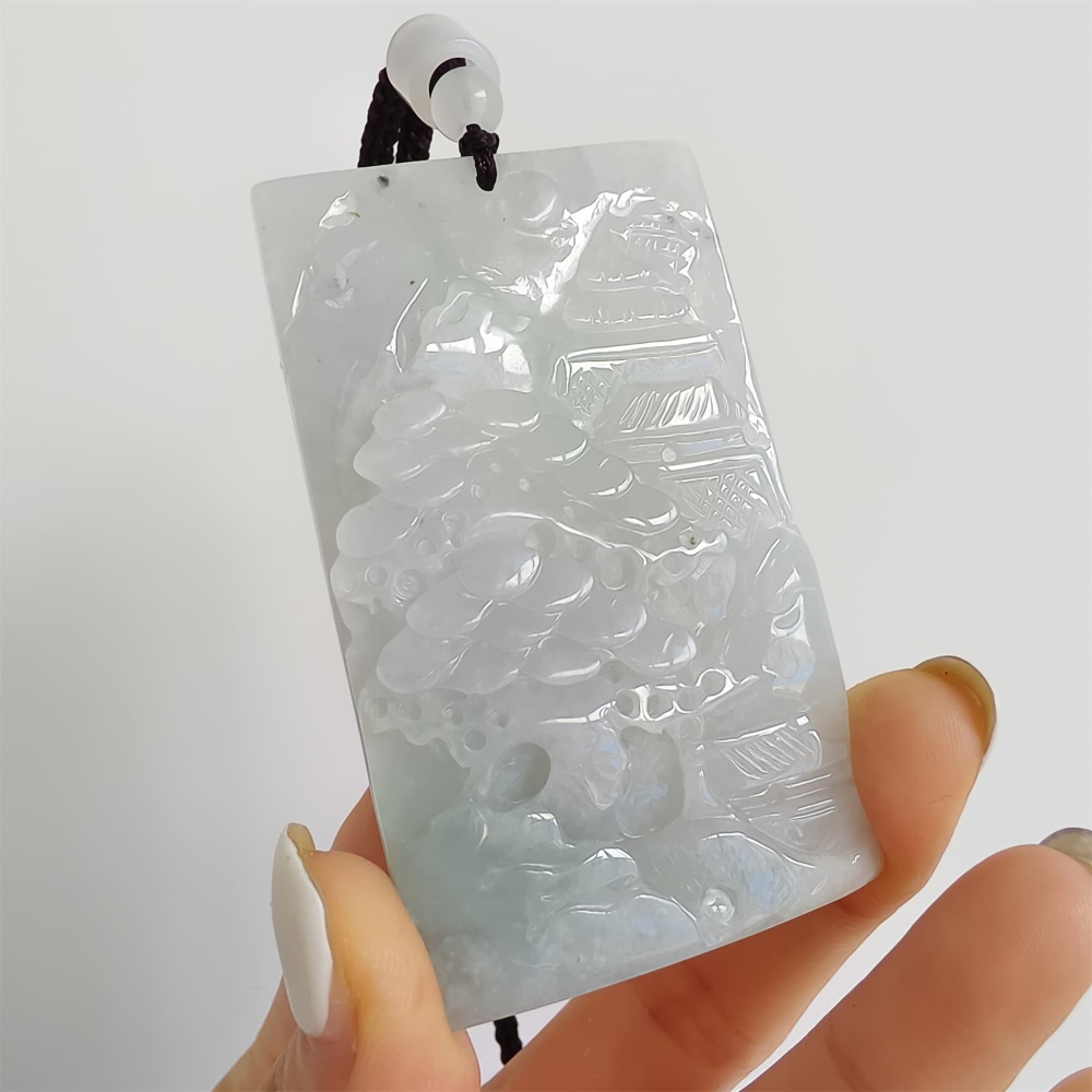 DDP | 65.8X39.2X7.7mm Natural Certificated Type A Icy Light Green White Burmese Jadeite Rectangle Pendant With Landscape Carved,DIY Jewelry Supplies