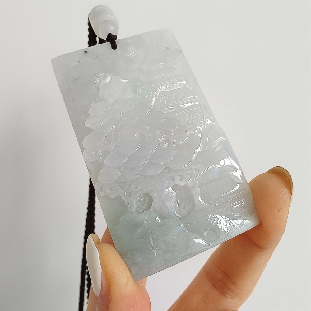 DDP | 65.8X39.2X7.7mm Natural Certificated Type A Icy Light Green White Burmese Jadeite Rectangle Pendant With Landscape Carved,DIY Jewelry Supplies