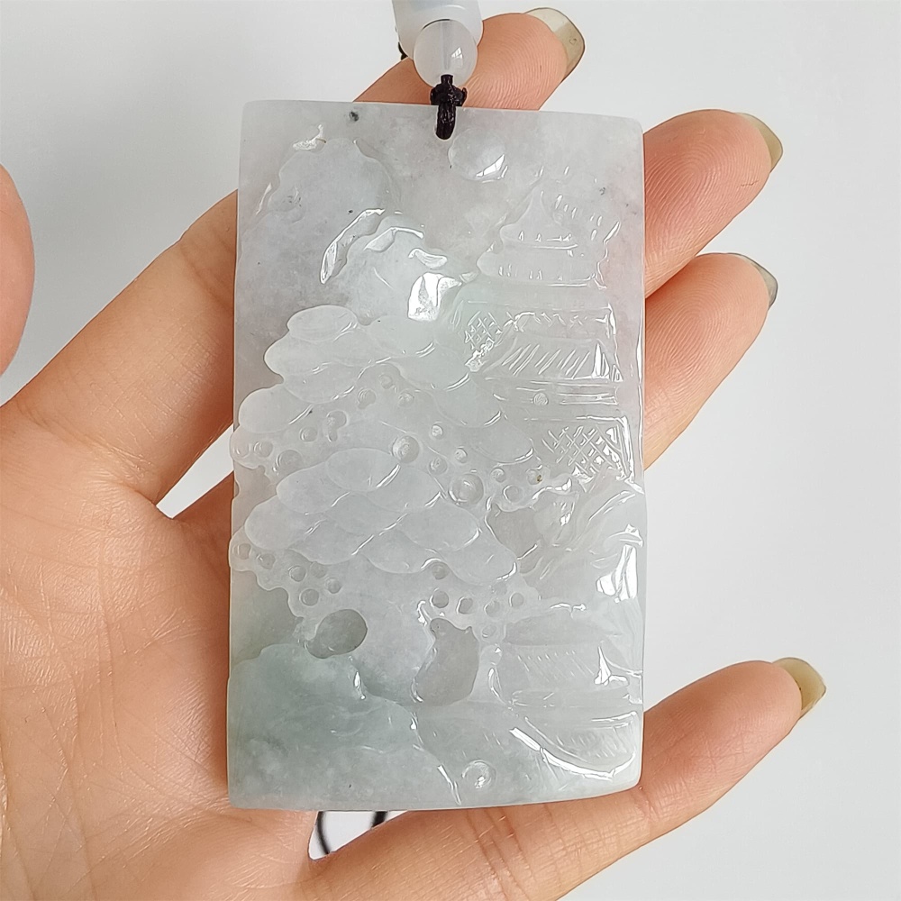 DDP | 65.8X39.2X7.7mm Natural Certificated Type A Icy Light Green White Burmese Jadeite Rectangle Pendant With Landscape Carved,DIY Jewelry Supplies