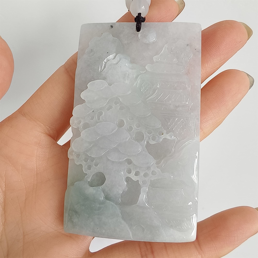 DDP | 65.8X39.2X7.7mm Natural Certificated Type A Icy Light Green White Burmese Jadeite Rectangle Pendant With Landscape Carved,DIY Jewelry Supplies