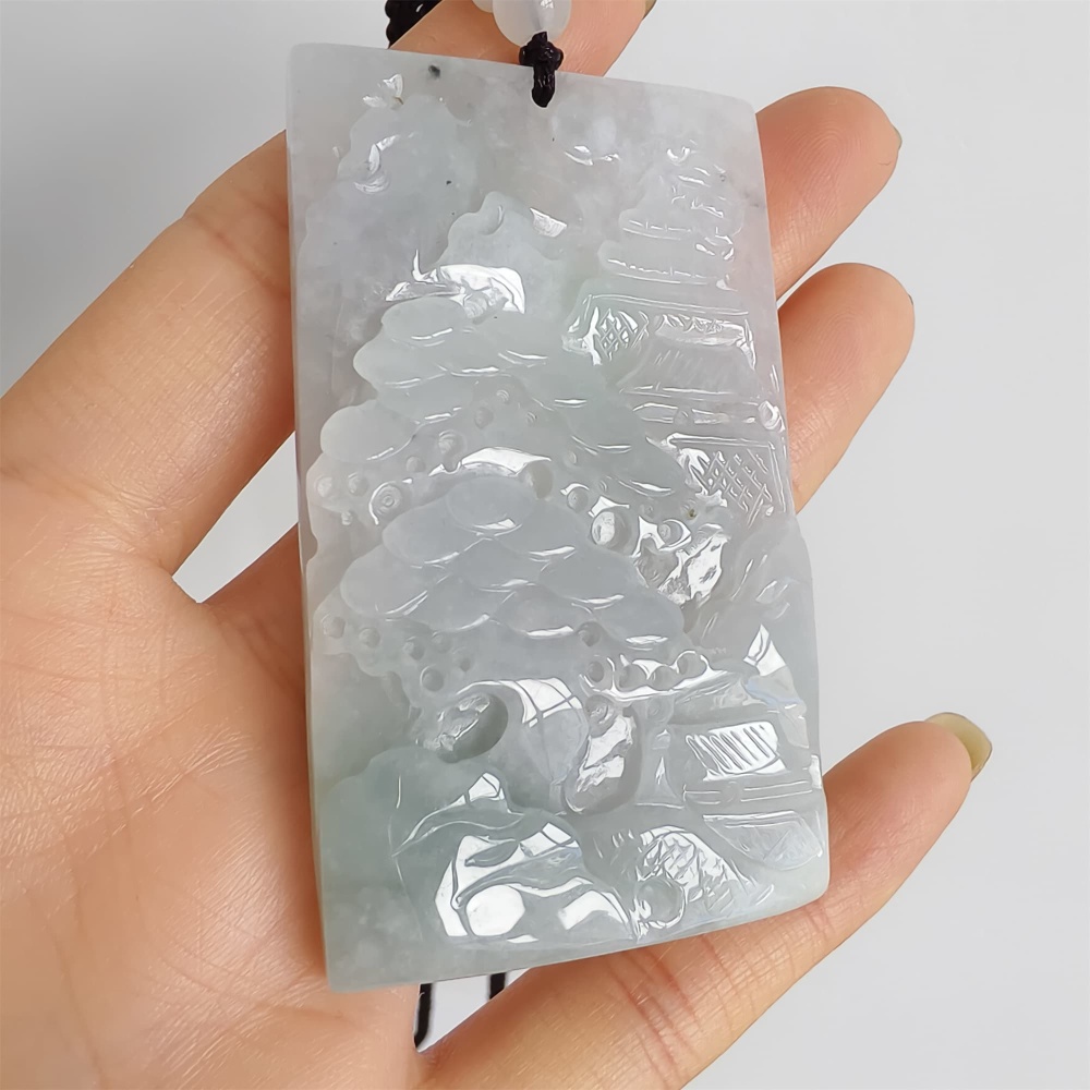 DDP | 65.8X39.2X7.7mm Natural Certificated Type A Icy Light Green White Burmese Jadeite Rectangle Pendant With Landscape Carved,DIY Jewelry Supplies