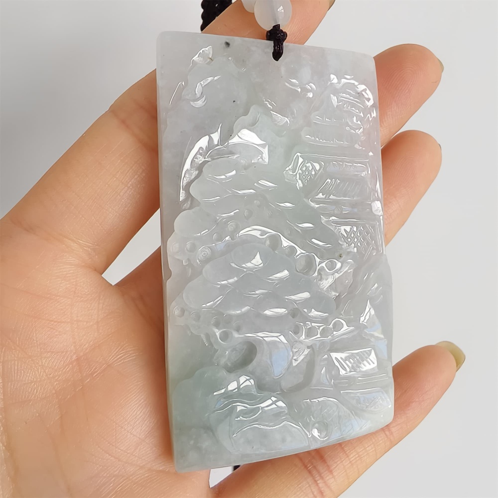 DDP | 65.8X39.2X7.7mm Natural Certificated Type A Icy Light Green White Burmese Jadeite Rectangle Pendant With Landscape Carved,DIY Jewelry Supplies