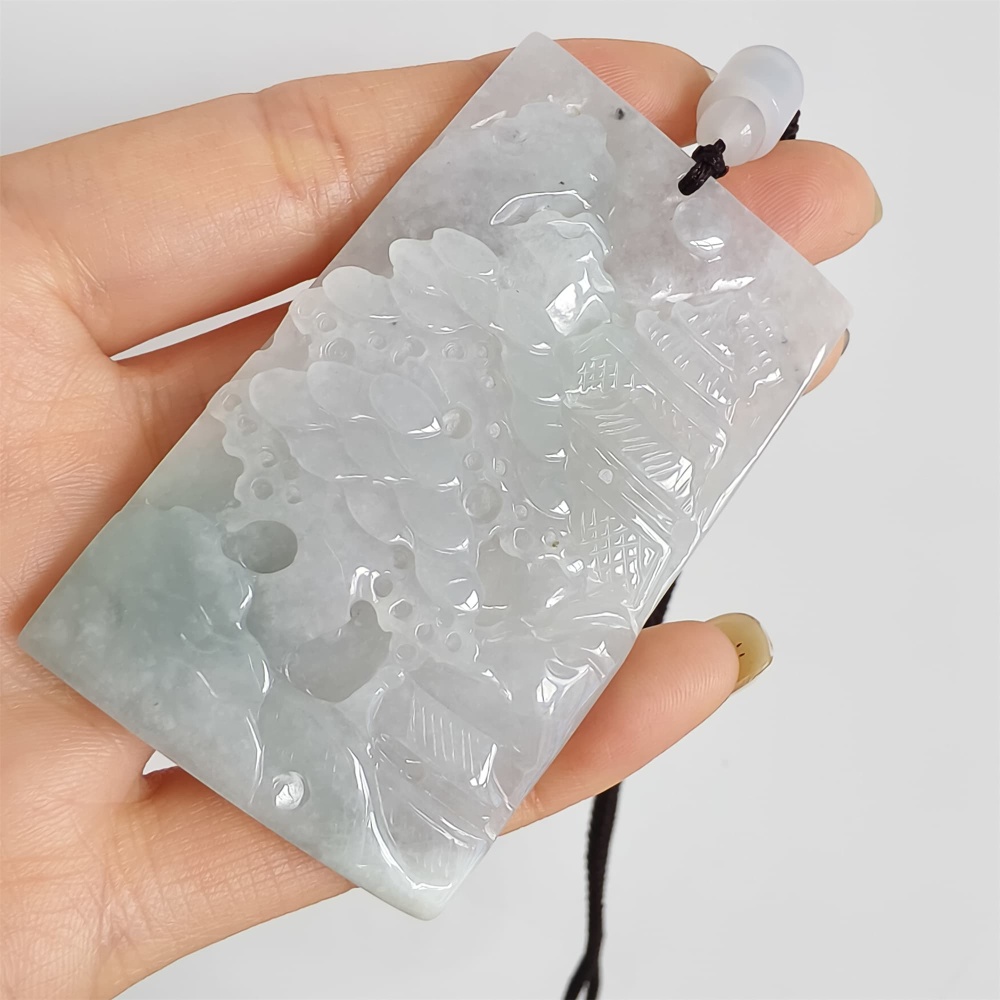 DDP | 65.8X39.2X7.7mm Natural Certificated Type A Icy Light Green White Burmese Jadeite Rectangle Pendant With Landscape Carved,DIY Jewelry Supplies