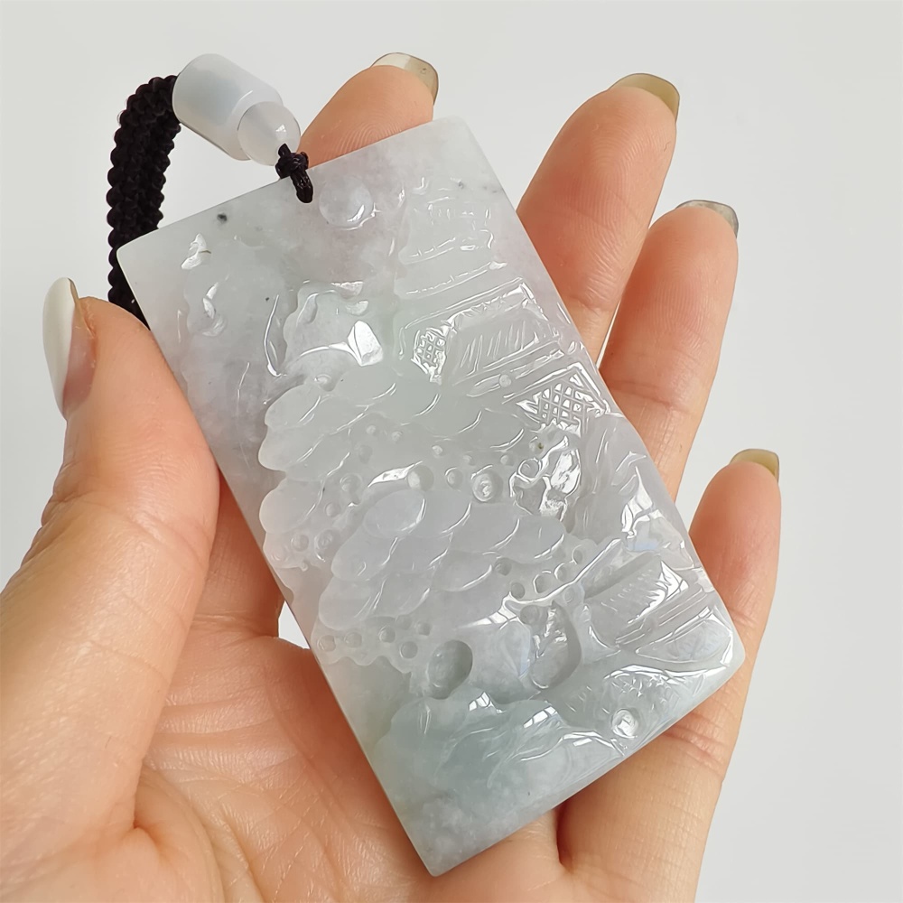 DDP | 65.8X39.2X7.7mm Natural Certificated Type A Icy Light Green White Burmese Jadeite Rectangle Pendant With Landscape Carved,DIY Jewelry Supplies