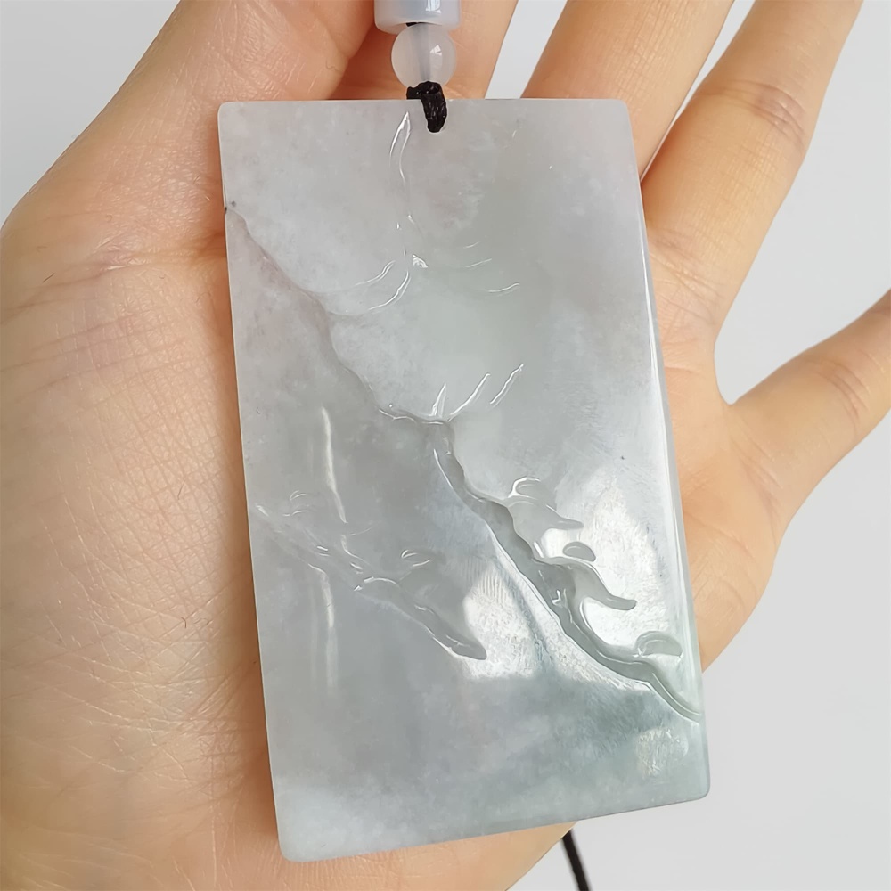 DDP | 65.8X39.2X7.7mm Natural Certificated Type A Icy Light Green White Burmese Jadeite Rectangle Pendant With Landscape Carved,DIY Jewelry Supplies
