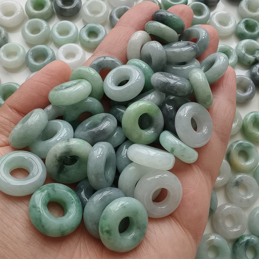 DDP | 5pcs 15.5-16.5mm Natural Type A Untreated Black Chicken Species Green White Burmese Jadeite Donut And Ring Beads,DIY Jewelry Supplies