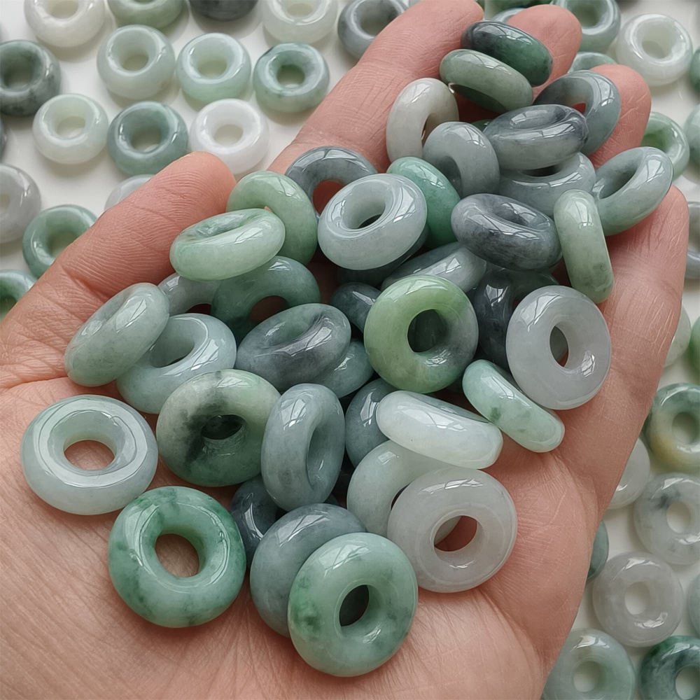 DDP | 5pcs 15.5-16.5mm Natural Type A Untreated Black Chicken Species Green White Burmese Jadeite Donut And Ring Beads,DIY Jewelry Supplies