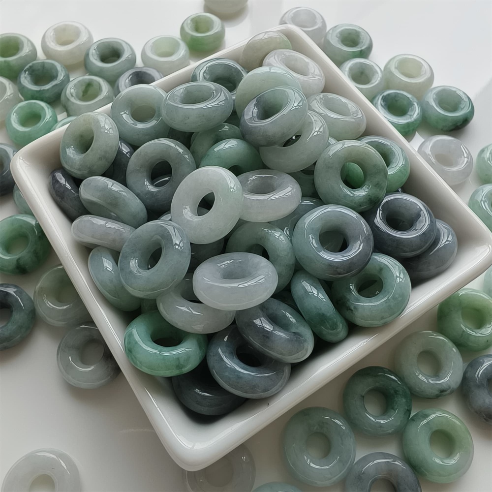 DDP | 5pcs 15.5-16.5mm Natural Type A Untreated Black Chicken Species Green White Burmese Jadeite Donut And Ring Beads,DIY Jewelry Supplies