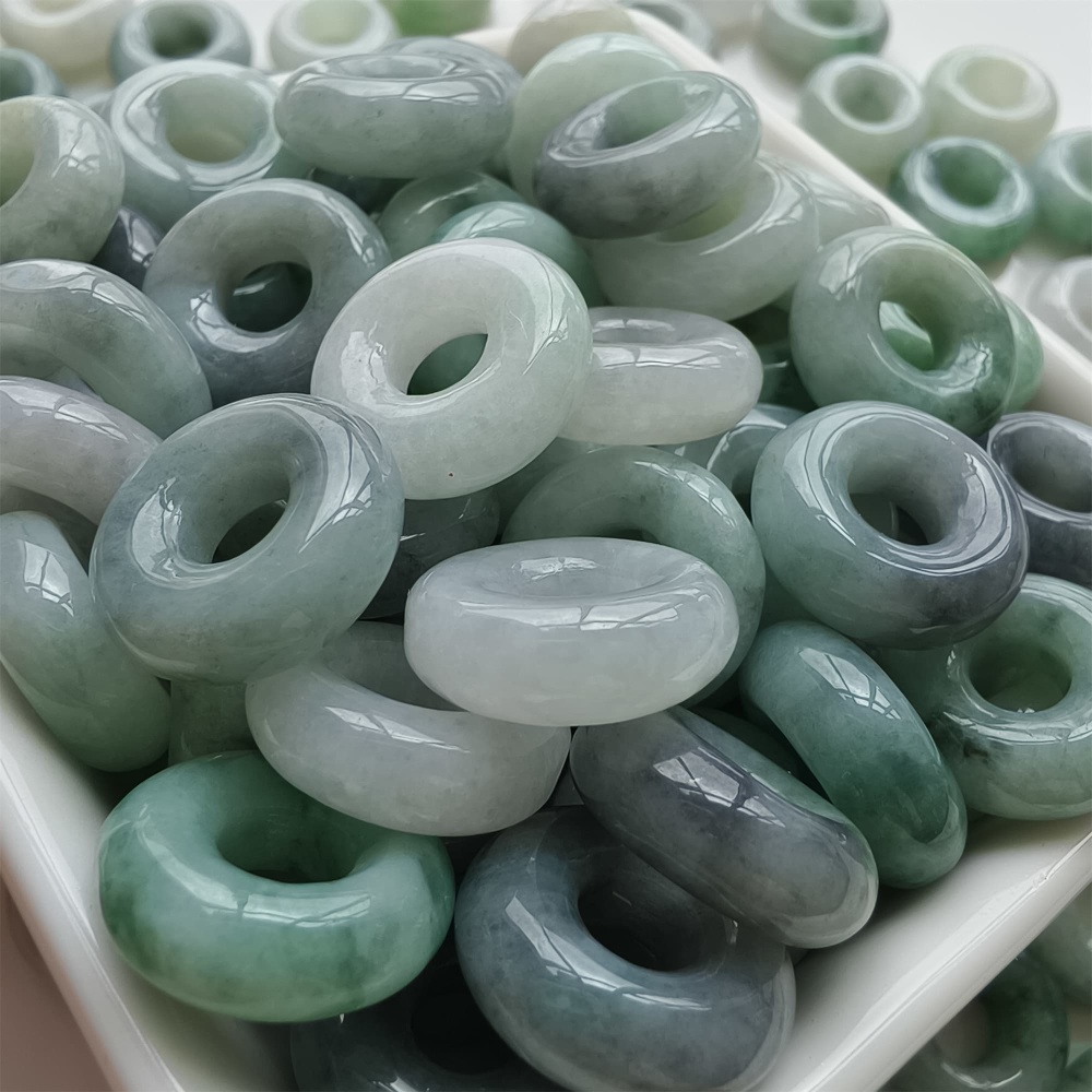 DDP | 5pcs 15.5-16.5mm Natural Type A Untreated Black Chicken Species Green White Burmese Jadeite Donut And Ring Beads,DIY Jewelry Supplies