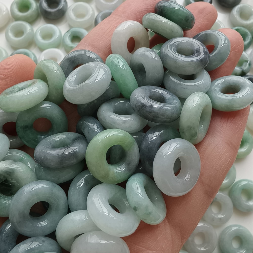 DDP | 5pcs 15.5-16.5mm Natural Type A Untreated Black Chicken Species Green White Burmese Jadeite Donut And Ring Beads,DIY Jewelry Supplies