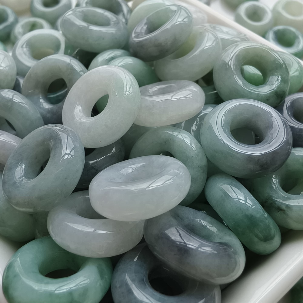 DDP | 5pcs 15.5-16.5mm Natural Type A Untreated Black Chicken Species Green White Burmese Jadeite Donut And Ring Beads,DIY Jewelry Supplies