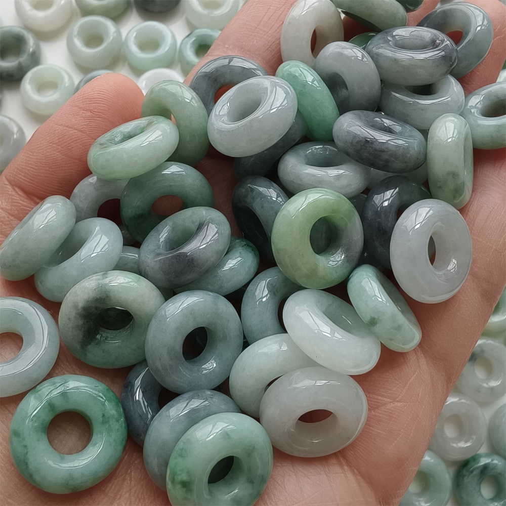 DDP | 5pcs 15.5-16.5mm Natural Type A Untreated Black Chicken Species Green White Burmese Jadeite Donut And Ring Beads,DIY Jewelry Supplies