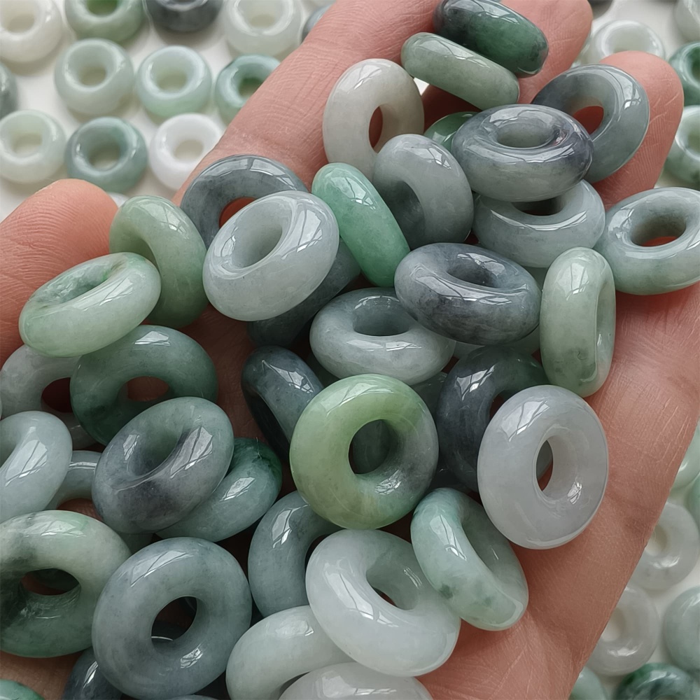DDP | 5pcs 15.5-16.5mm Natural Type A Untreated Black Chicken Species Green White Burmese Jadeite Donut And Ring Beads,DIY Jewelry Supplies