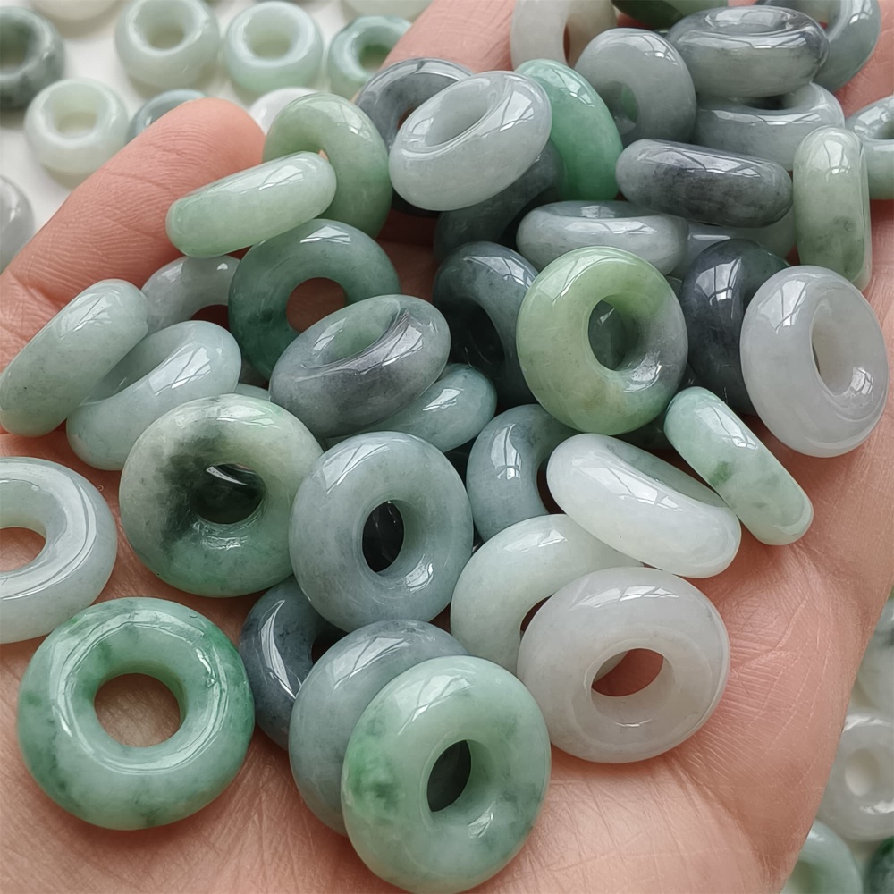 DDP | 5pcs 15.5-16.5mm Natural Type A Untreated Black Chicken Species Green White Burmese Jadeite Donut And Ring Beads,DIY Jewelry Supplies