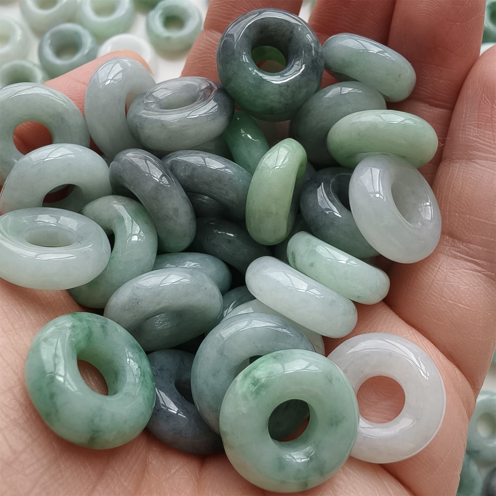 DDP | 5pcs 15.5-16.5mm Natural Type A Untreated Black Chicken Species Green White Burmese Jadeite Donut And Ring Beads,DIY Jewelry Supplies