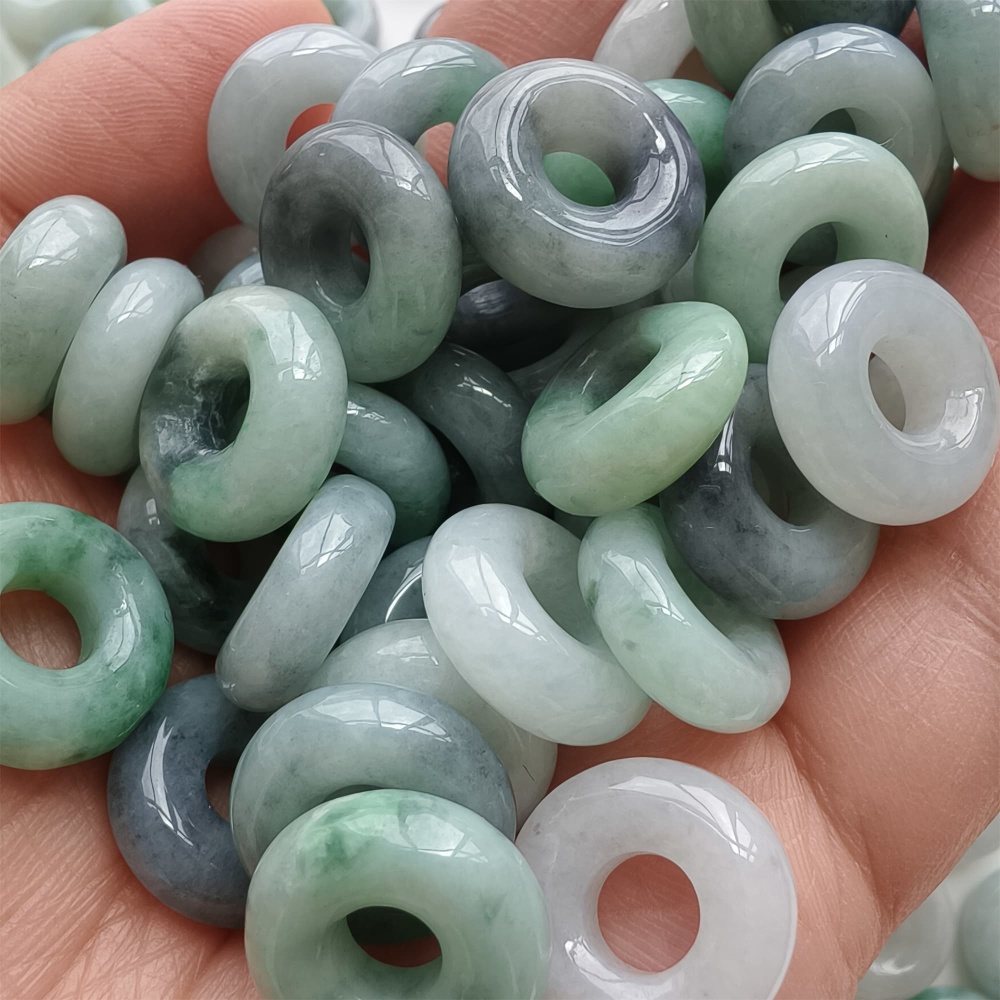 DDP | 5pcs 15.5-16.5mm Natural Type A Untreated Black Chicken Species Green White Burmese Jadeite Donut And Ring Beads,DIY Jewelry Supplies