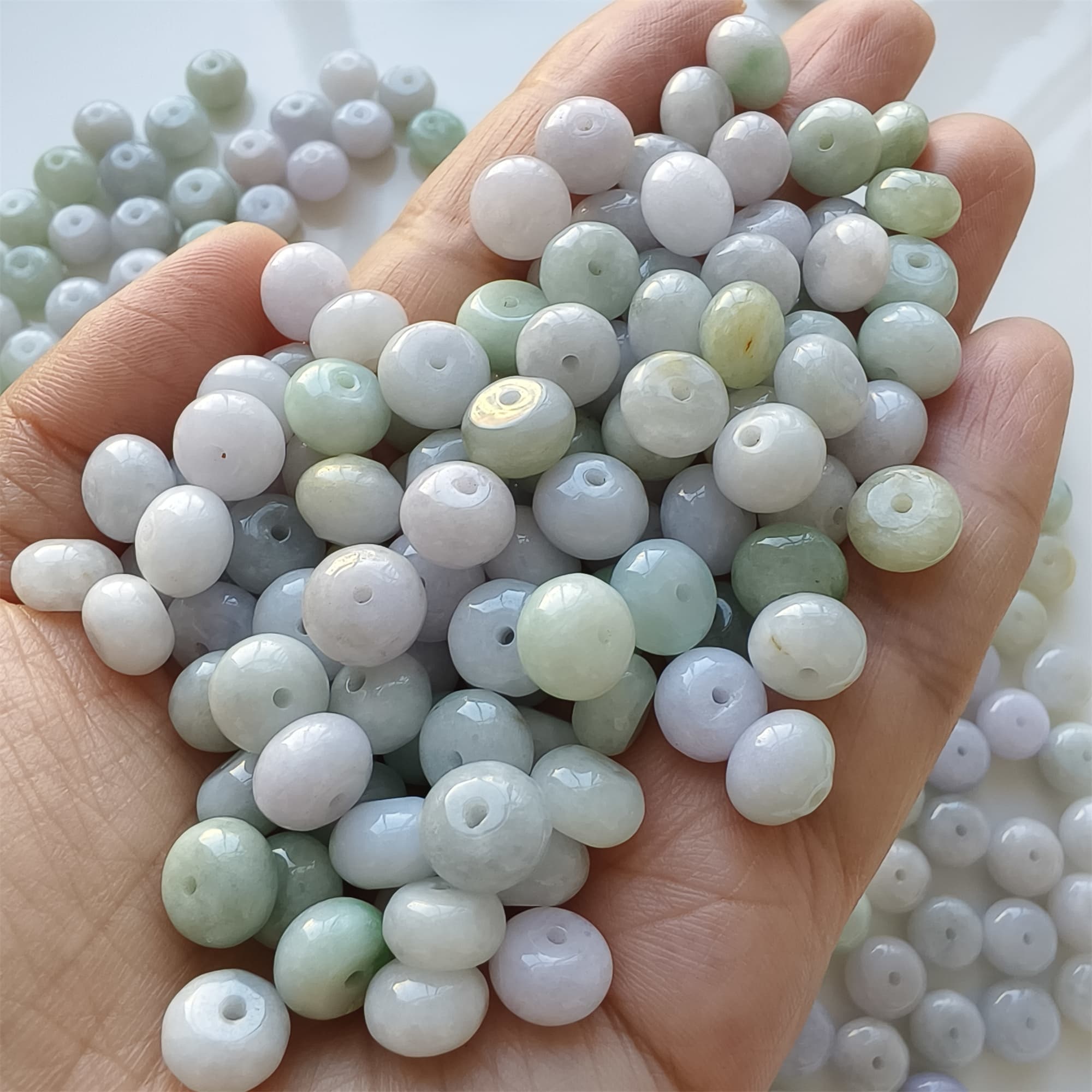 DDP | 20pcs 8.5-9X5.5-7mm Natural Certificated Type A Icy Light Green Light Lavender Burmese Jadeite Smooth Rondelle Spacer Beads,Burma Jadeite Loose Beads, DIY Jewelry Supplies