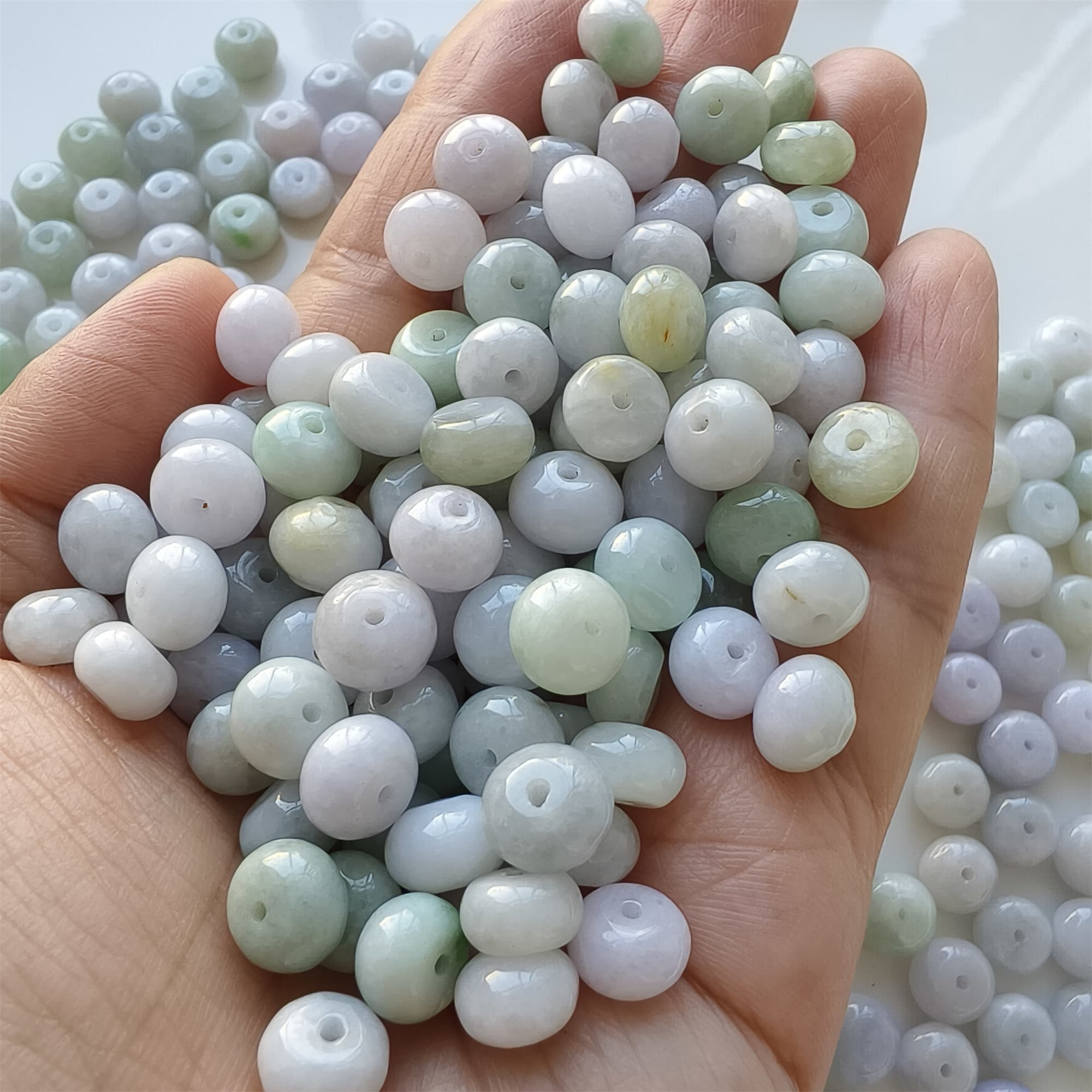 DDP | 20pcs 8.5-9X5.5-7mm Natural Certificated Type A Icy Light Green Light Lavender Burmese Jadeite Smooth Rondelle Spacer Beads,Burma Jadeite Loose Beads, DIY Jewelry Supplies