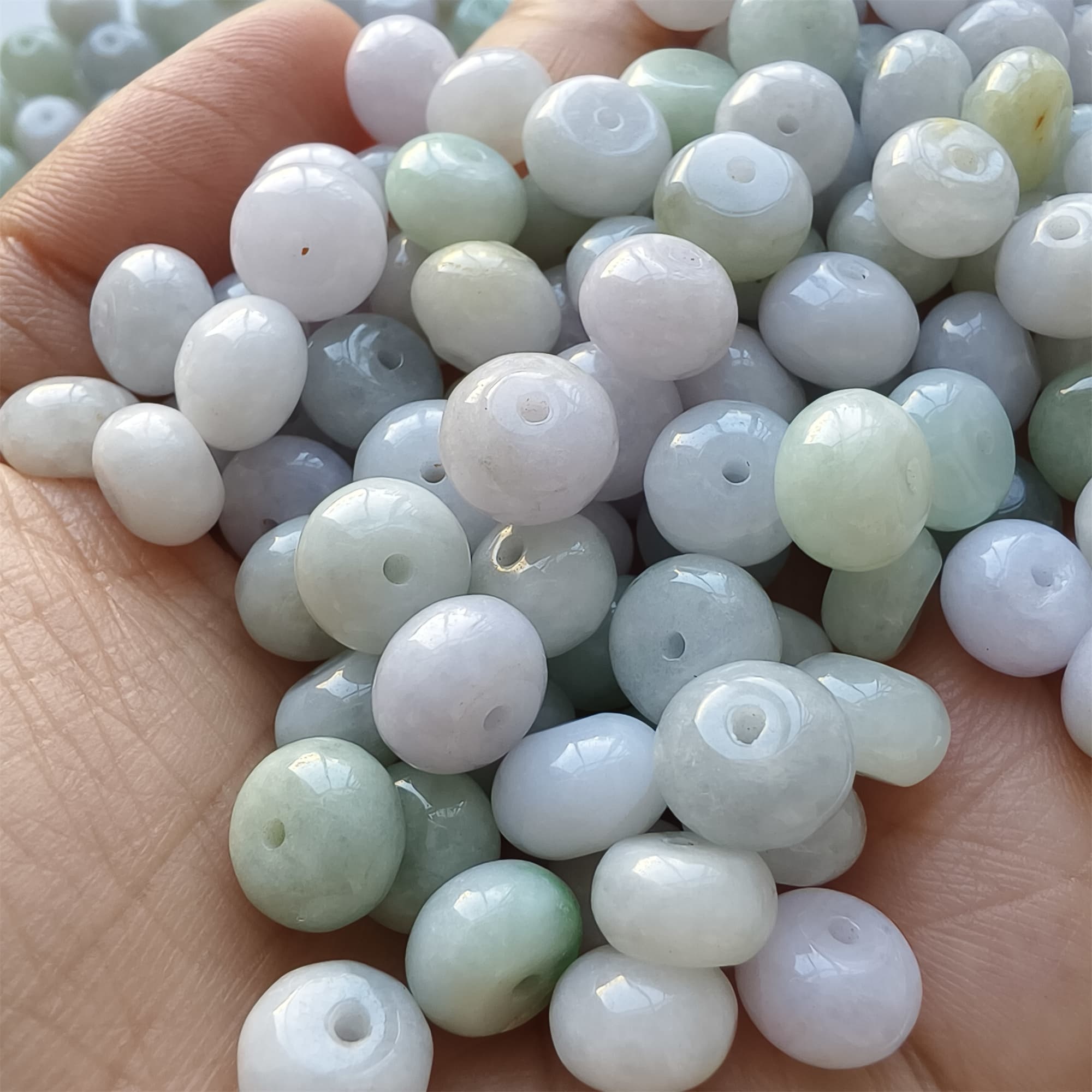 DDP | 20pcs 8.5-9X5.5-7mm Natural Certificated Type A Icy Light Green Light Lavender Burmese Jadeite Smooth Rondelle Spacer Beads,Burma Jadeite Loose Beads, DIY Jewelry Supplies