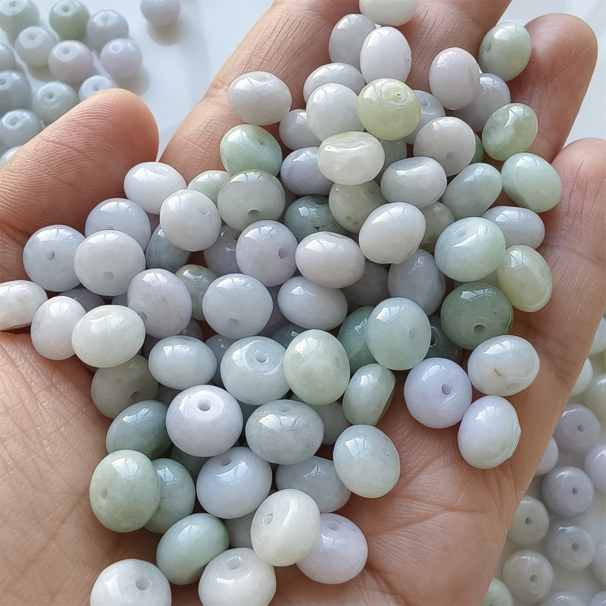 DDP | 20pcs 8.5-9X5.5-7mm Natural Certificated Type A Icy Light Green Light Lavender Burmese Jadeite Smooth Rondelle Spacer Beads,Burma Jadeite Loose Beads, DIY Jewelry Supplies