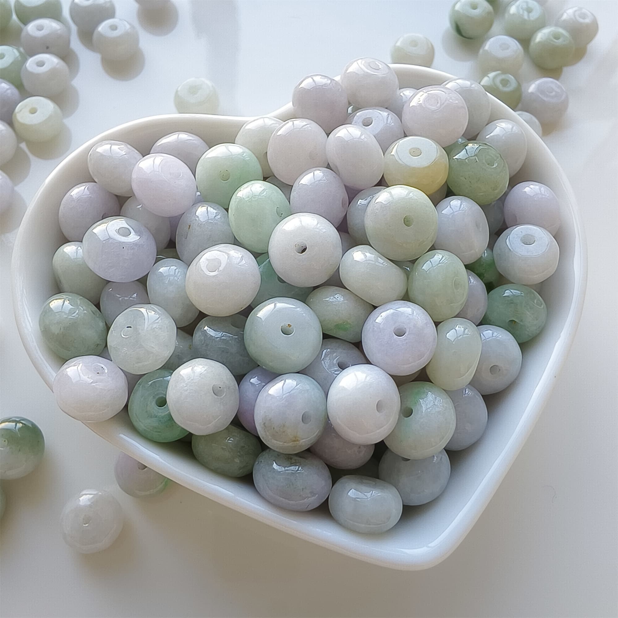 DDP | 20pcs 8.5-9X5.5-7mm Natural Certificated Type A Icy Light Green Light Lavender Burmese Jadeite Smooth Rondelle Spacer Beads,Burma Jadeite Loose Beads, DIY Jewelry Supplies