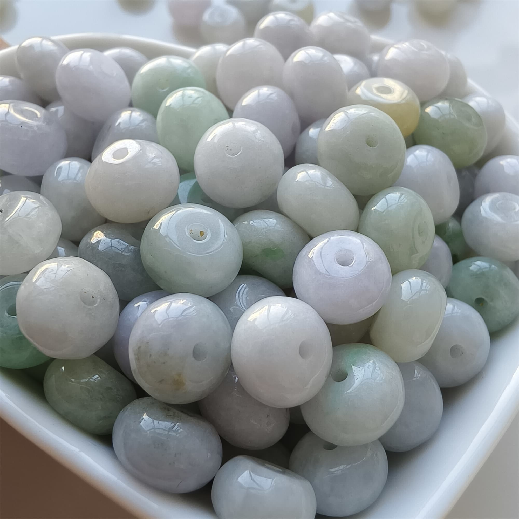 DDP | 20pcs 8.5-9X5.5-7mm Natural Certificated Type A Icy Light Green Light Lavender Burmese Jadeite Smooth Rondelle Spacer Beads,Burma Jadeite Loose Beads, DIY Jewelry Supplies