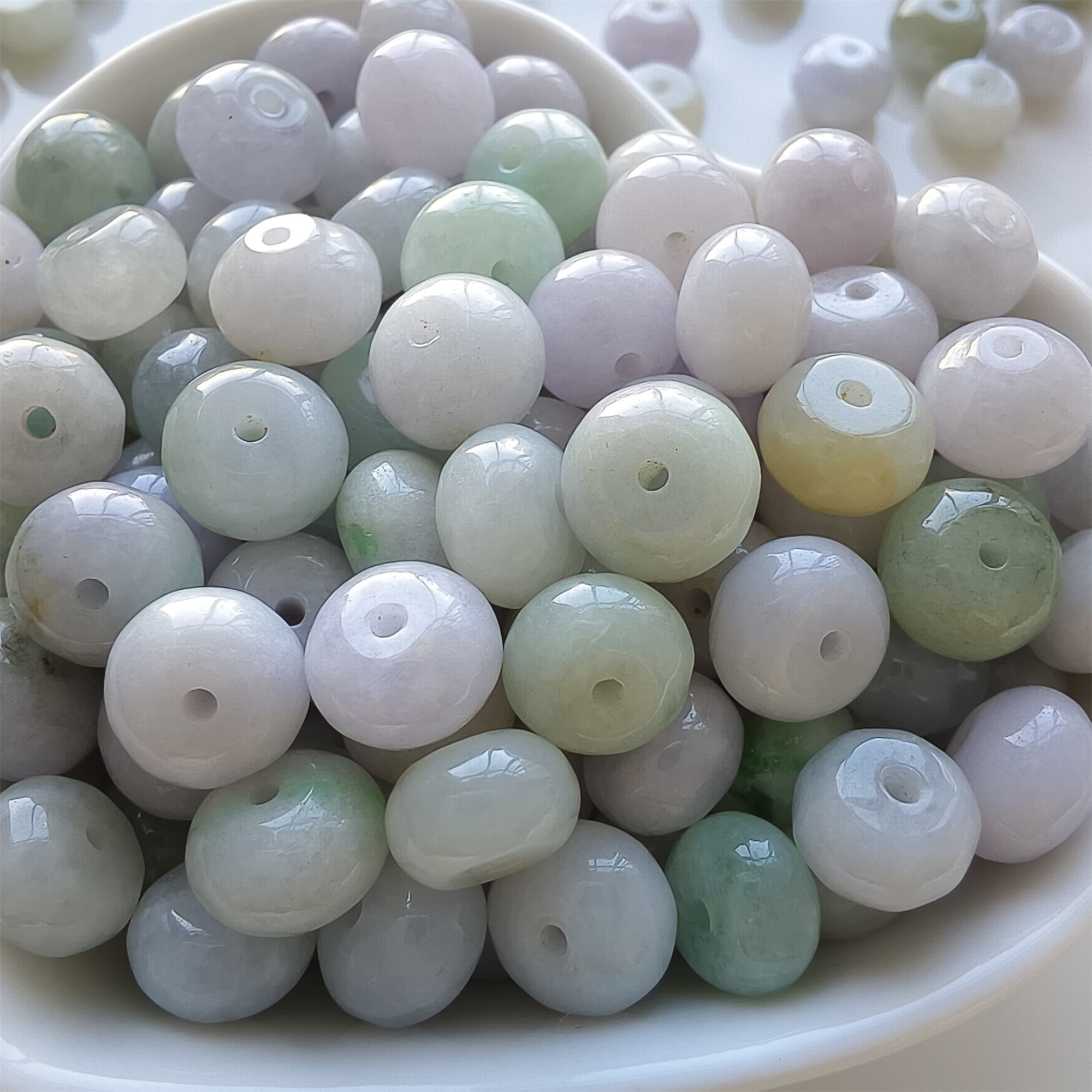 DDP | 20pcs 8.5-9X5.5-7mm Natural Certificated Type A Icy Light Green Light Lavender Burmese Jadeite Smooth Rondelle Spacer Beads,Burma Jadeite Loose Beads, DIY Jewelry Supplies