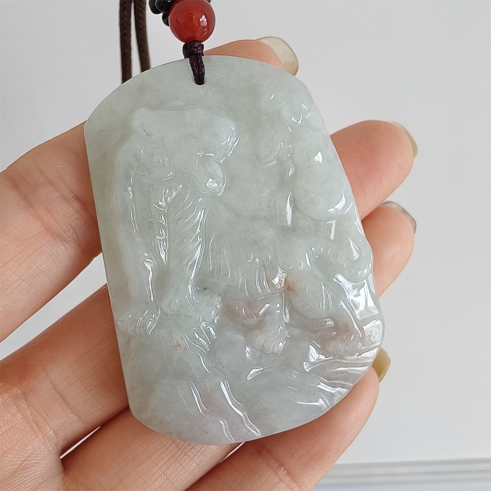 DDP 52mm Natural Certificated Type A Light Green Burmese Jadeite Trapezoid Pendant With Tiger Carved