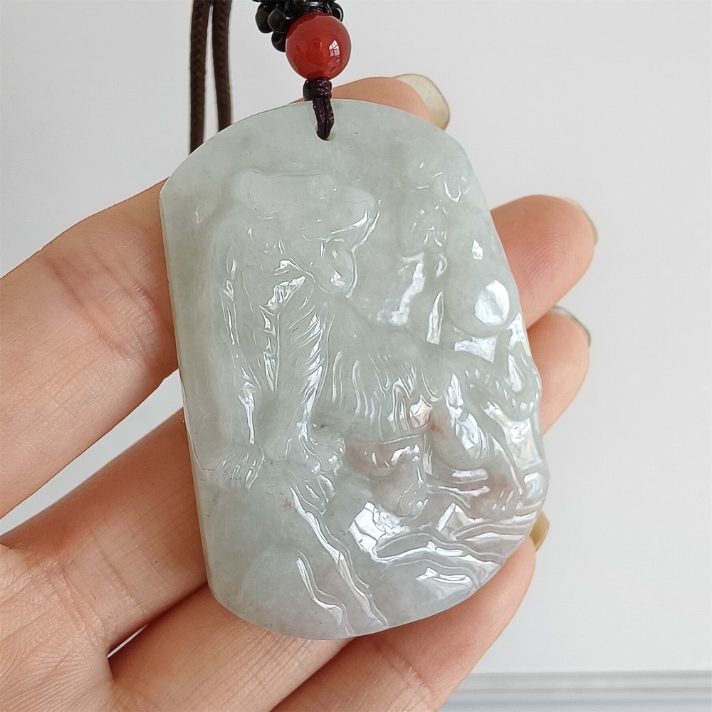 DDP 52mm Natural Certificated Type A Light Green Burmese Jadeite Trapezoid Pendant With Tiger Carved