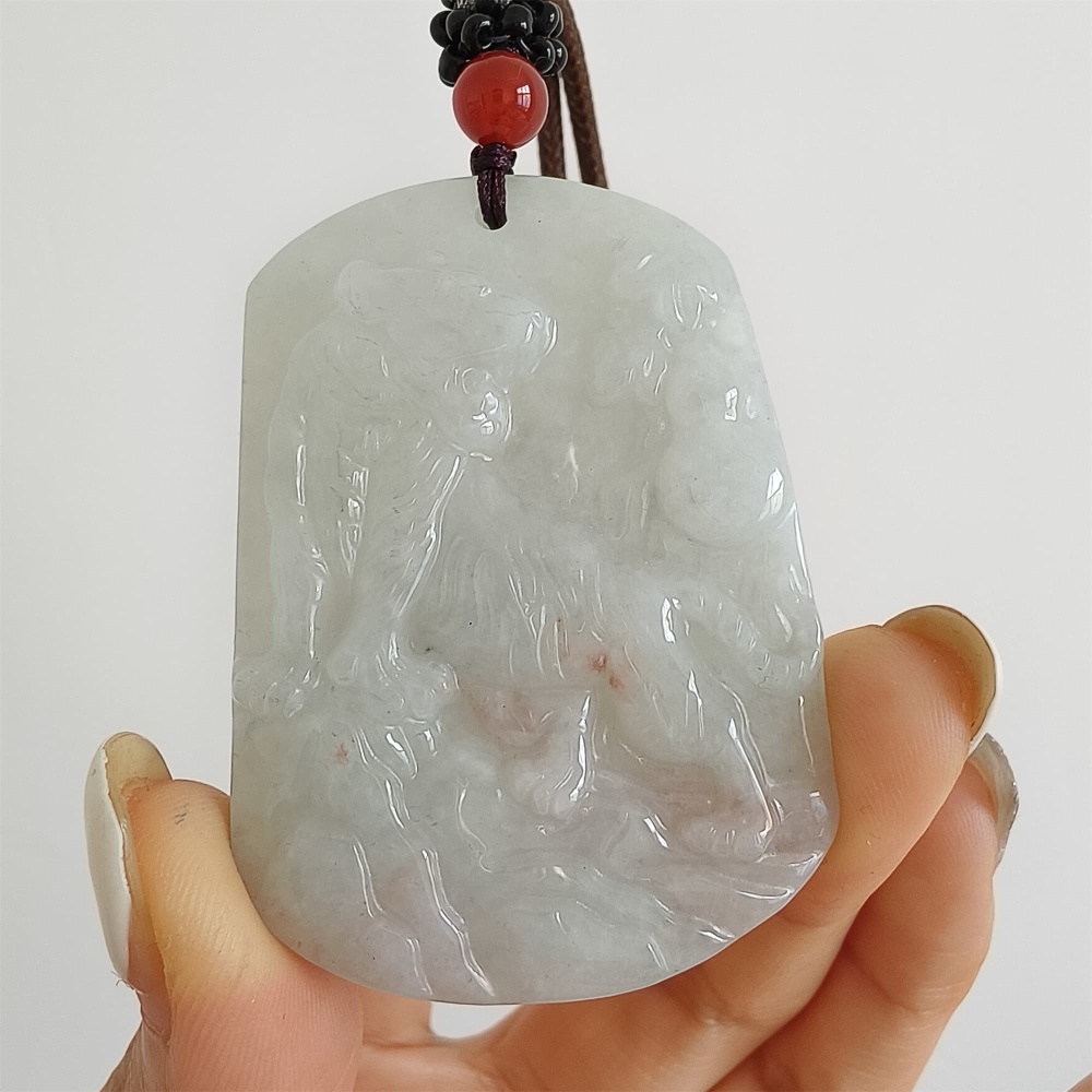 DDP 52mm Natural Certificated Type A Light Green Burmese Jadeite Trapezoid Pendant With Tiger Carved