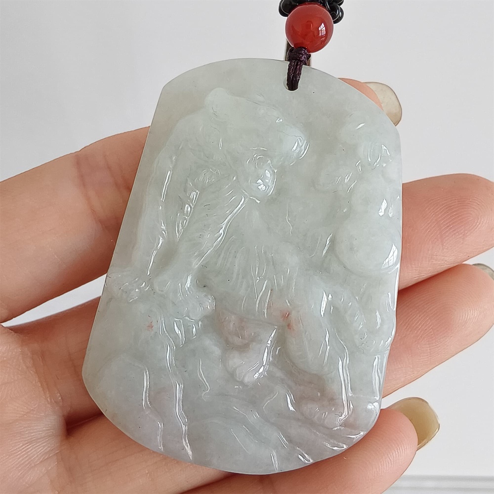 DDP 52mm Natural Certificated Type A Light Green Burmese Jadeite Trapezoid Pendant With Tiger Carved
