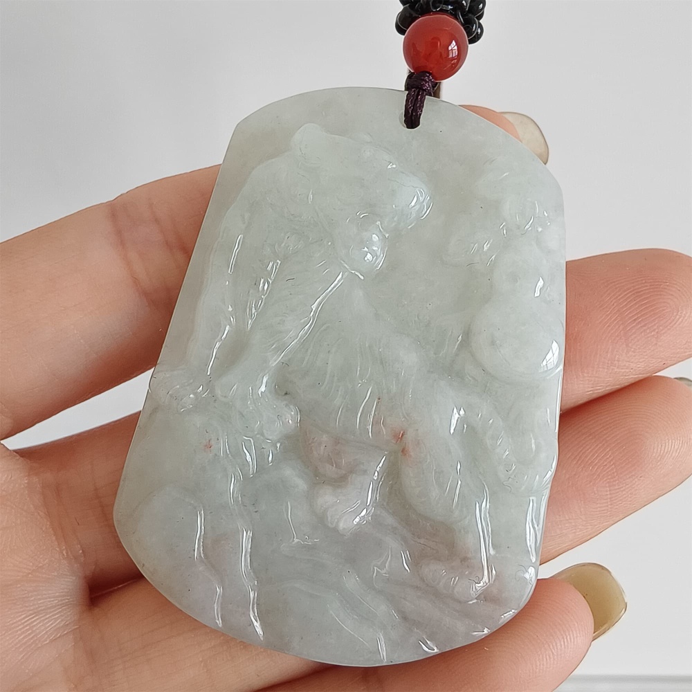DDP 52mm Natural Certificated Type A Light Green Burmese Jadeite Trapezoid Pendant With Tiger Carved