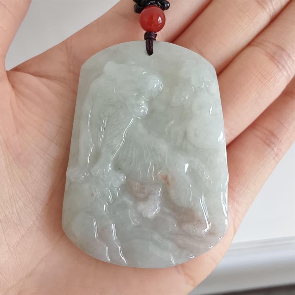 DDP 52mm Natural Certificated Type A Light Green Burmese Jadeite Trapezoid Pendant With Tiger Carved