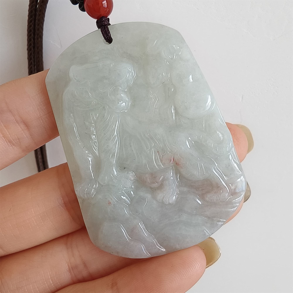 DDP 52mm Natural Certificated Type A Light Green Burmese Jadeite Trapezoid Pendant With Tiger Carved