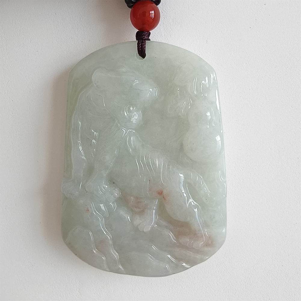 DDP 52mm Natural Certificated Type A Light Green Burmese Jadeite Trapezoid Pendant With Tiger Carved
