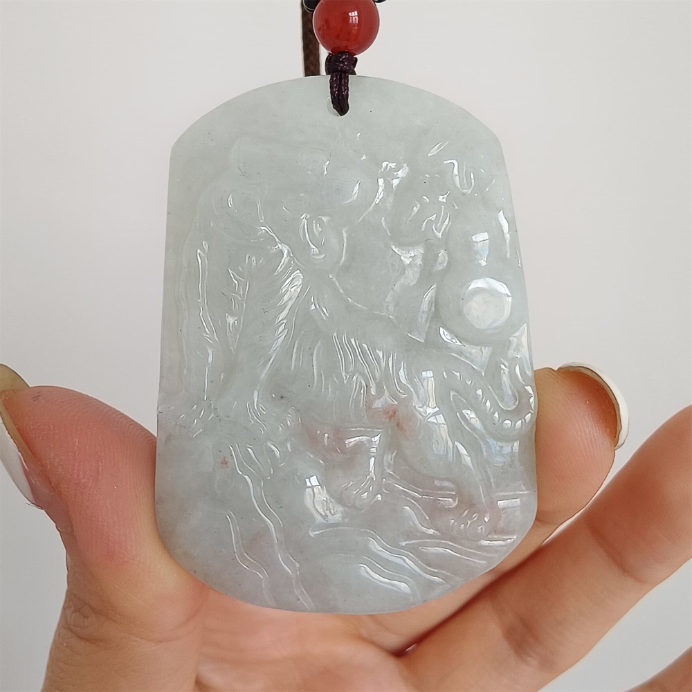 DDP 52mm Natural Certificated Type A Light Green Burmese Jadeite Trapezoid Pendant With Tiger Carved