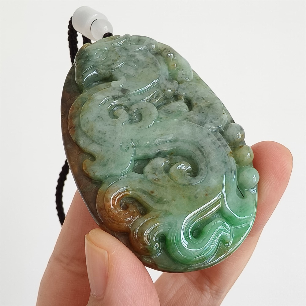 DDP 65mm Natural Certificated Green Brown Burmese Jadeite Oval Pendant With Phoenix Carved