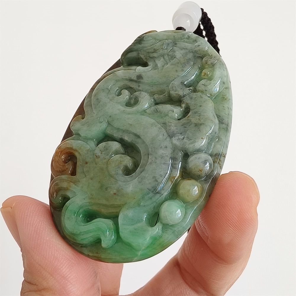 DDP 65mm Natural Certificated Green Brown Burmese Jadeite Oval Pendant With Phoenix Carved
