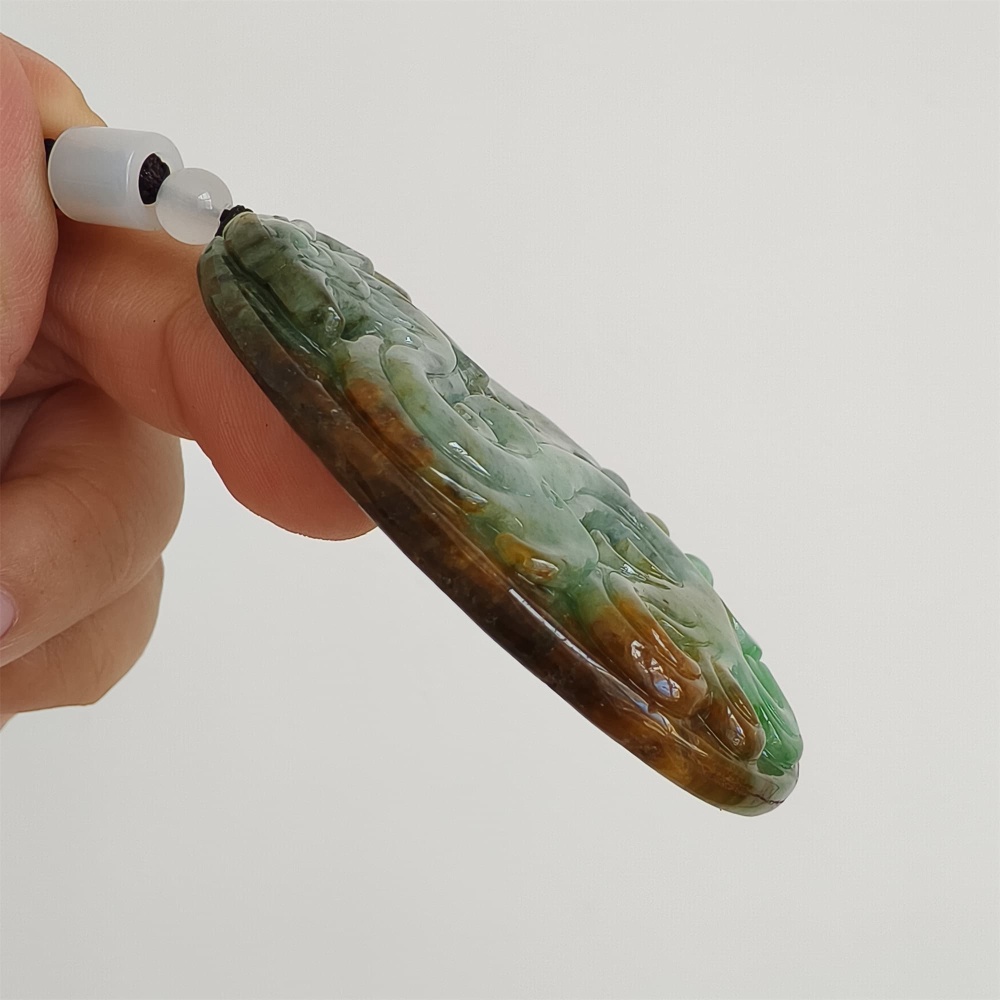 DDP 65mm Natural Certificated Green Brown Burmese Jadeite Oval Pendant With Phoenix Carved