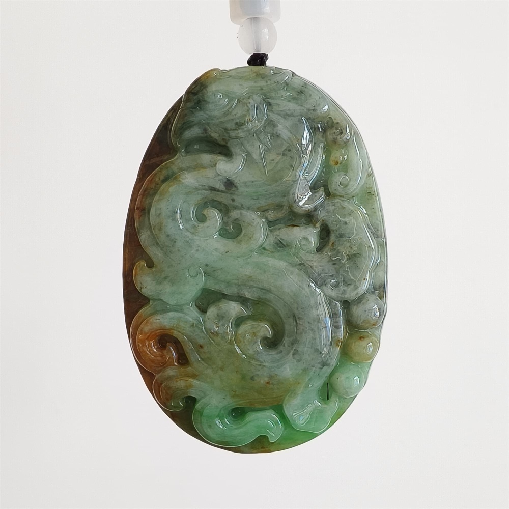 DDP 65mm Natural Certificated Green Brown Burmese Jadeite Oval Pendant With Phoenix Carved