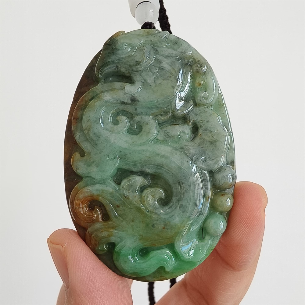 DDP 65mm Natural Certificated Green Brown Burmese Jadeite Oval Pendant With Phoenix Carved