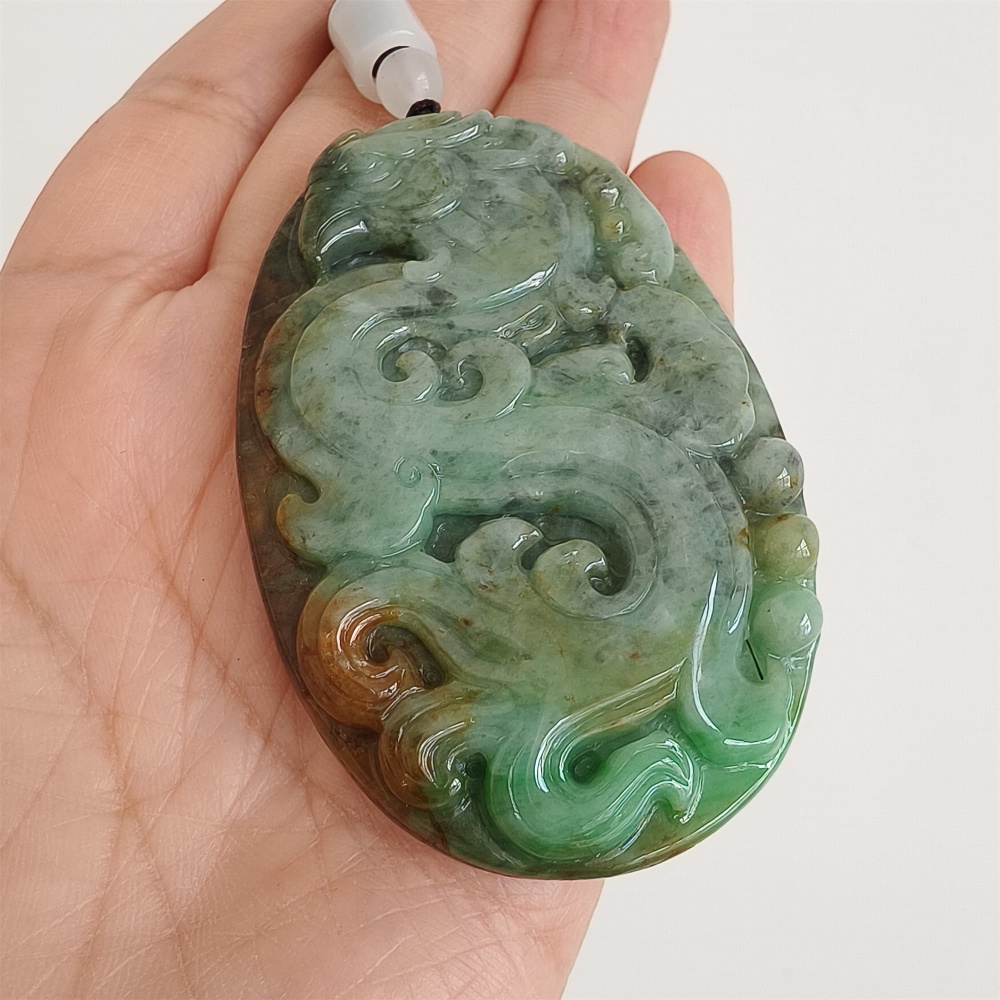 DDP 65mm Natural Certificated Green Brown Burmese Jadeite Oval Pendant With Phoenix Carved