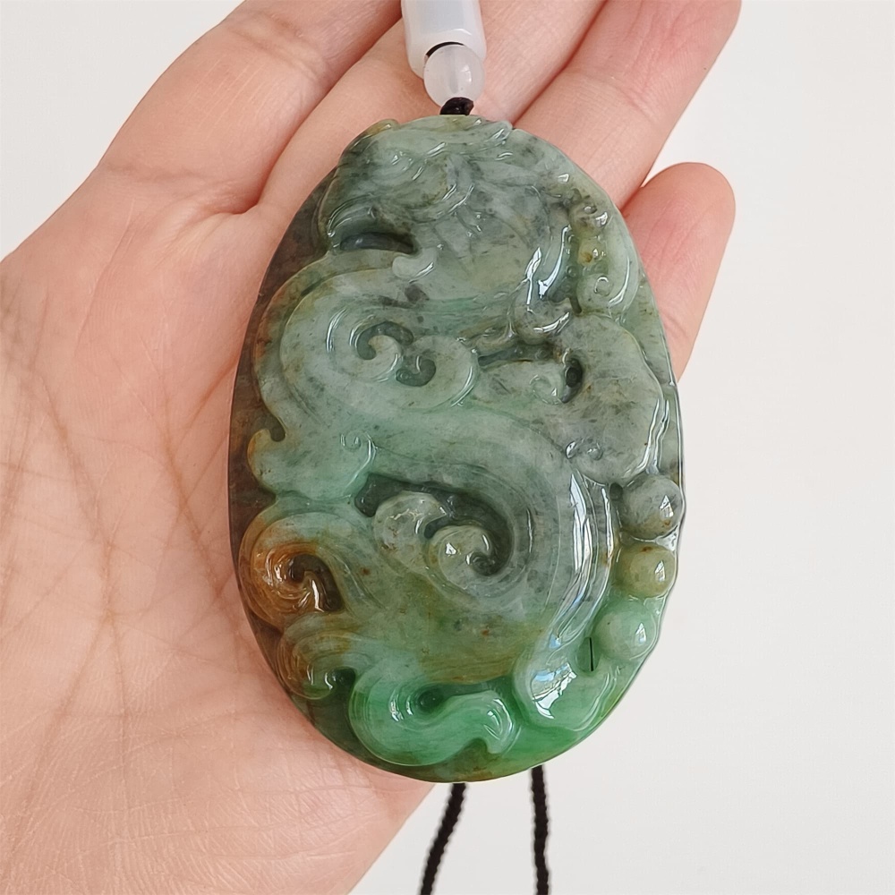 DDP 65mm Natural Certificated Green Brown Burmese Jadeite Oval Pendant With Phoenix Carved